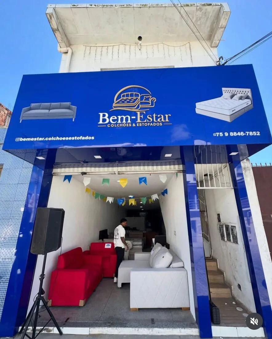 Fachada da Bem-Estar Colchões e Estofados com ACM azul