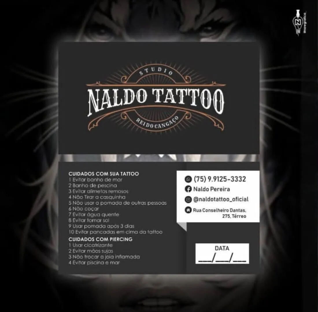 Cartão de cuidados do Naldo Tattoo Studio